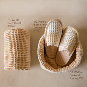 Honey Milk Waffle Bath Club set featuring a large waffle storage basket, soft waffle bath towel, and cushioned waffle slippers.