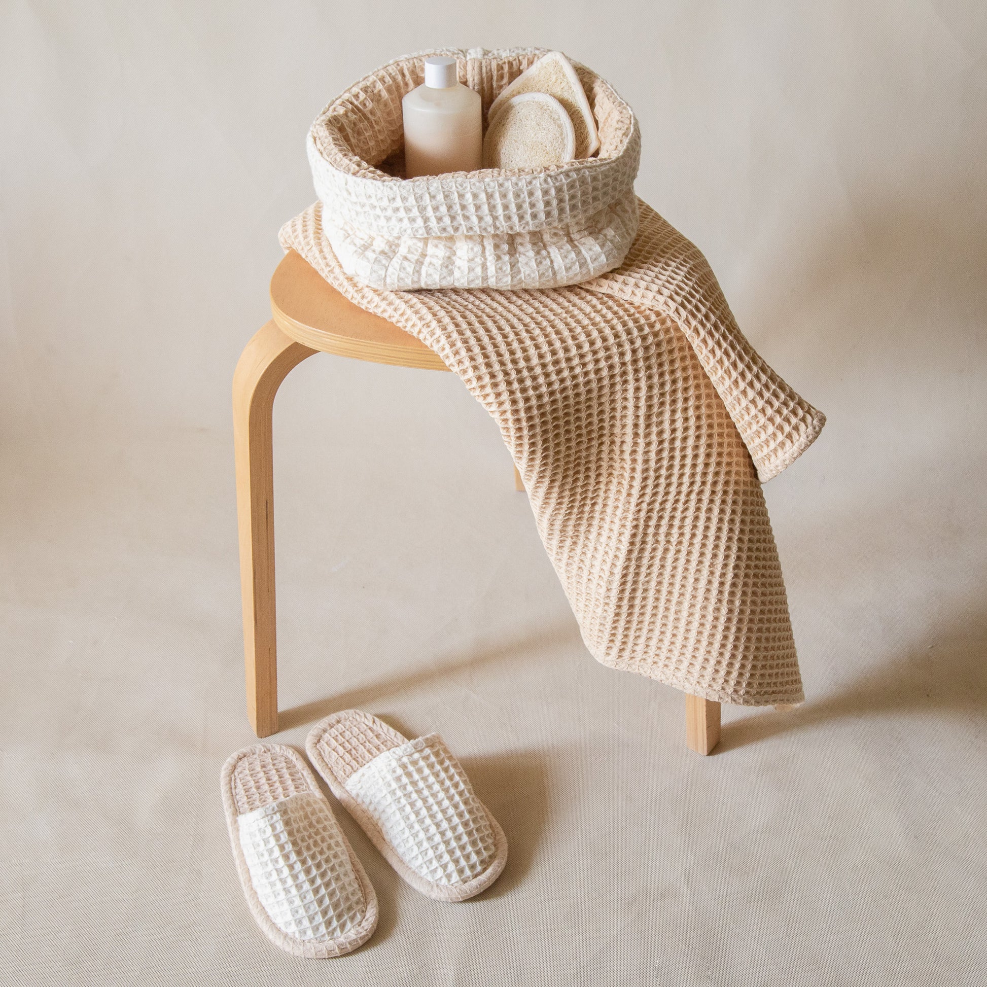 Honey Milk Waffle Bath Club set featuring a large waffle storage basket, soft waffle bath towel, and cushioned waffle slippers.