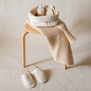 Honey Milk Waffle Bath Club set featuring a large waffle storage basket, soft waffle bath towel, and cushioned waffle slippers.