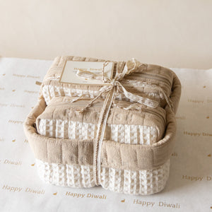 Refresh Waffle Pouch Set featuring a large waffle-crinkle foldover basket embroidered with “REFRESH” and matching small and medium waffle pouches in wheat and natural shades.