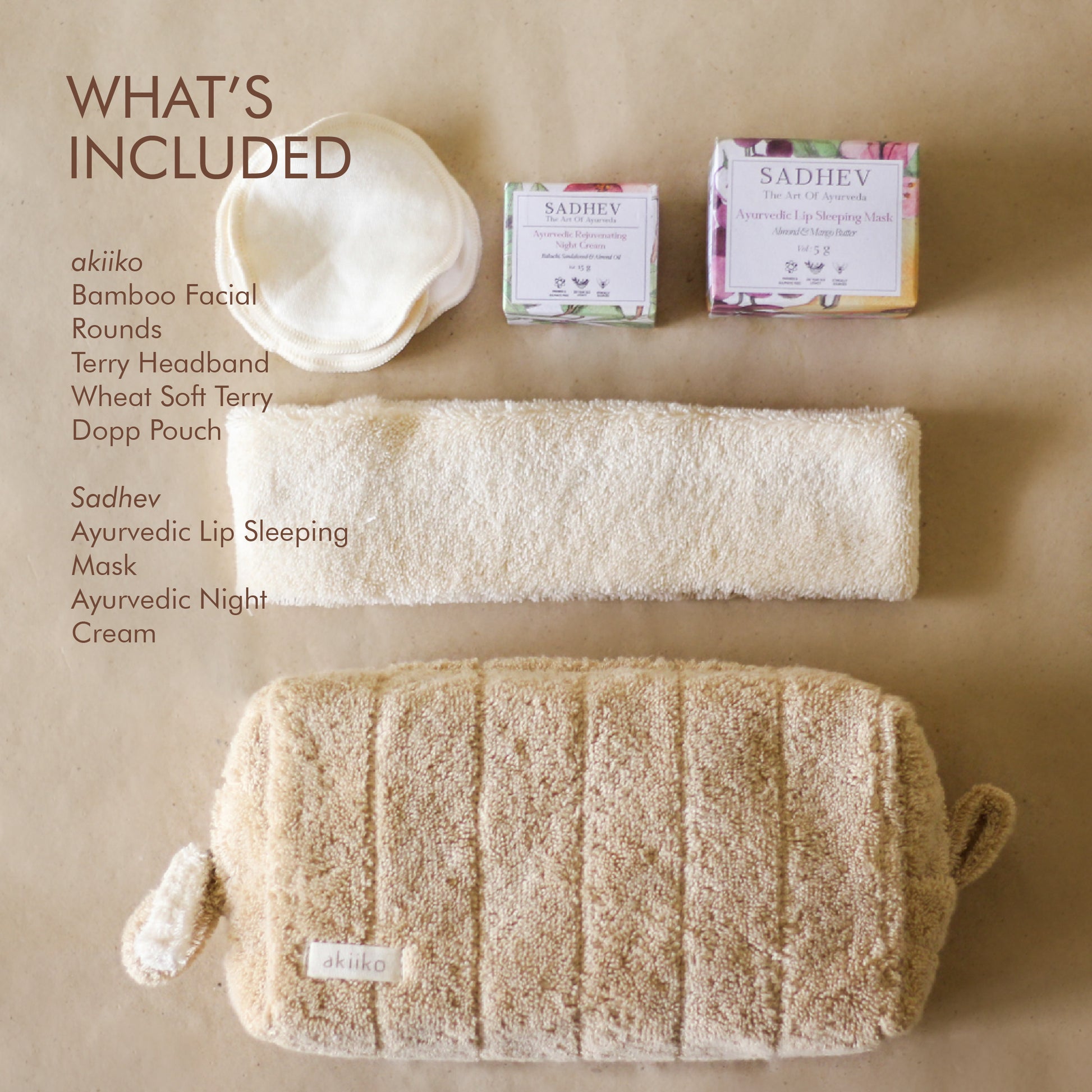 Rest Deeply PM Skincare Routine set featuring night cream, lip sleeping mask, wheat terry dopp pouch, soft hair band, and reusable facial rounds.