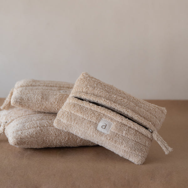 Set of three cloud-inspired cotton terry rectangle pouches, front view