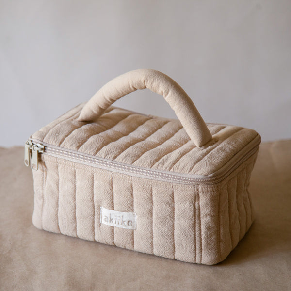 Quilted crinkle cotton makeup vanity pouch, front view