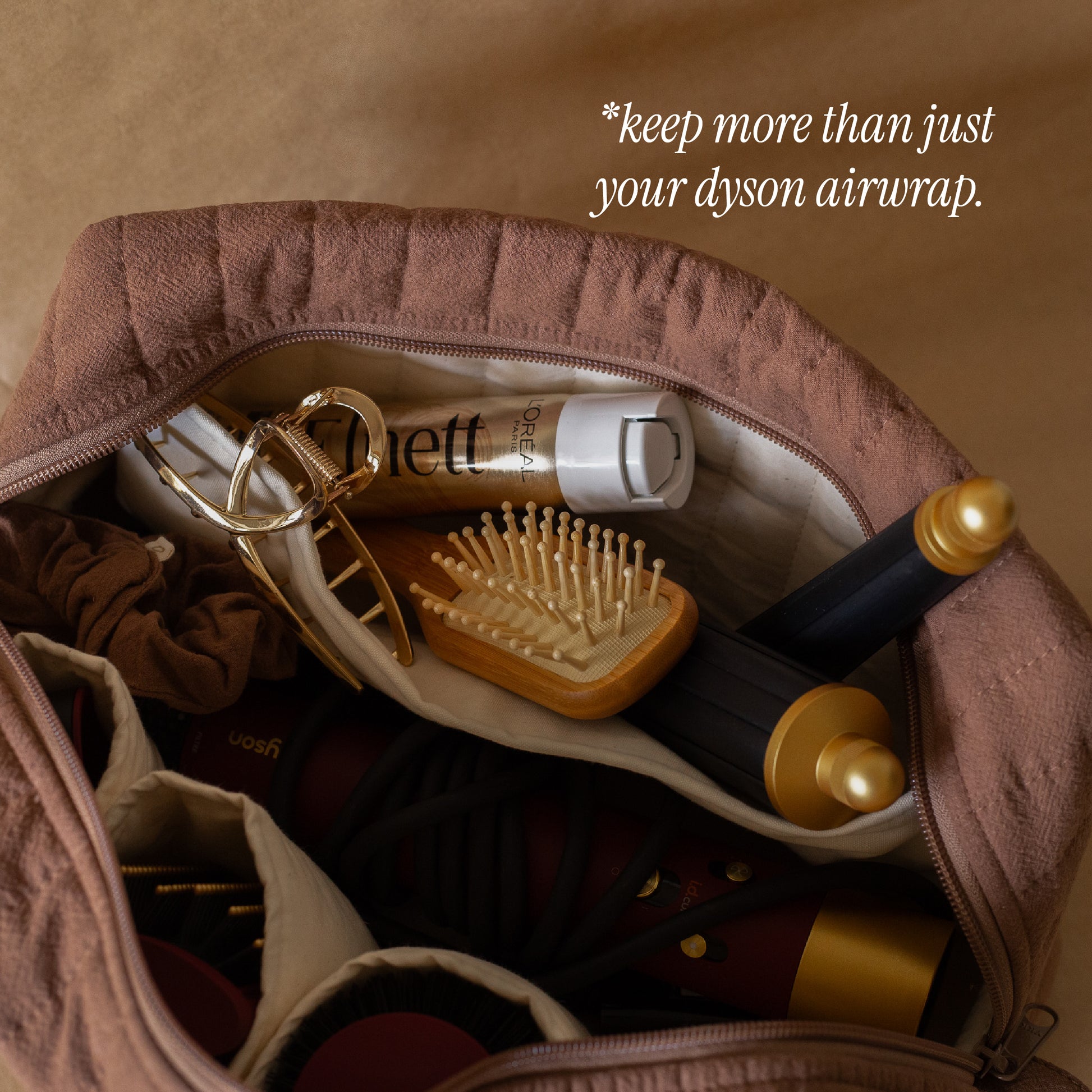 Espresso-brown long pouch for hair styling tools, up view 