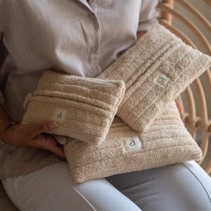 Set of three cloud-inspired cotton terry rectangle pouches, front view