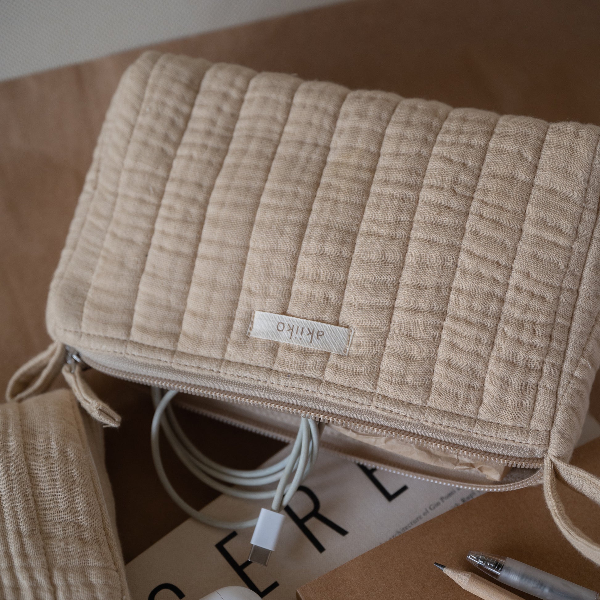 Set of three quilted muslin triangle pouches with zip closures, up view