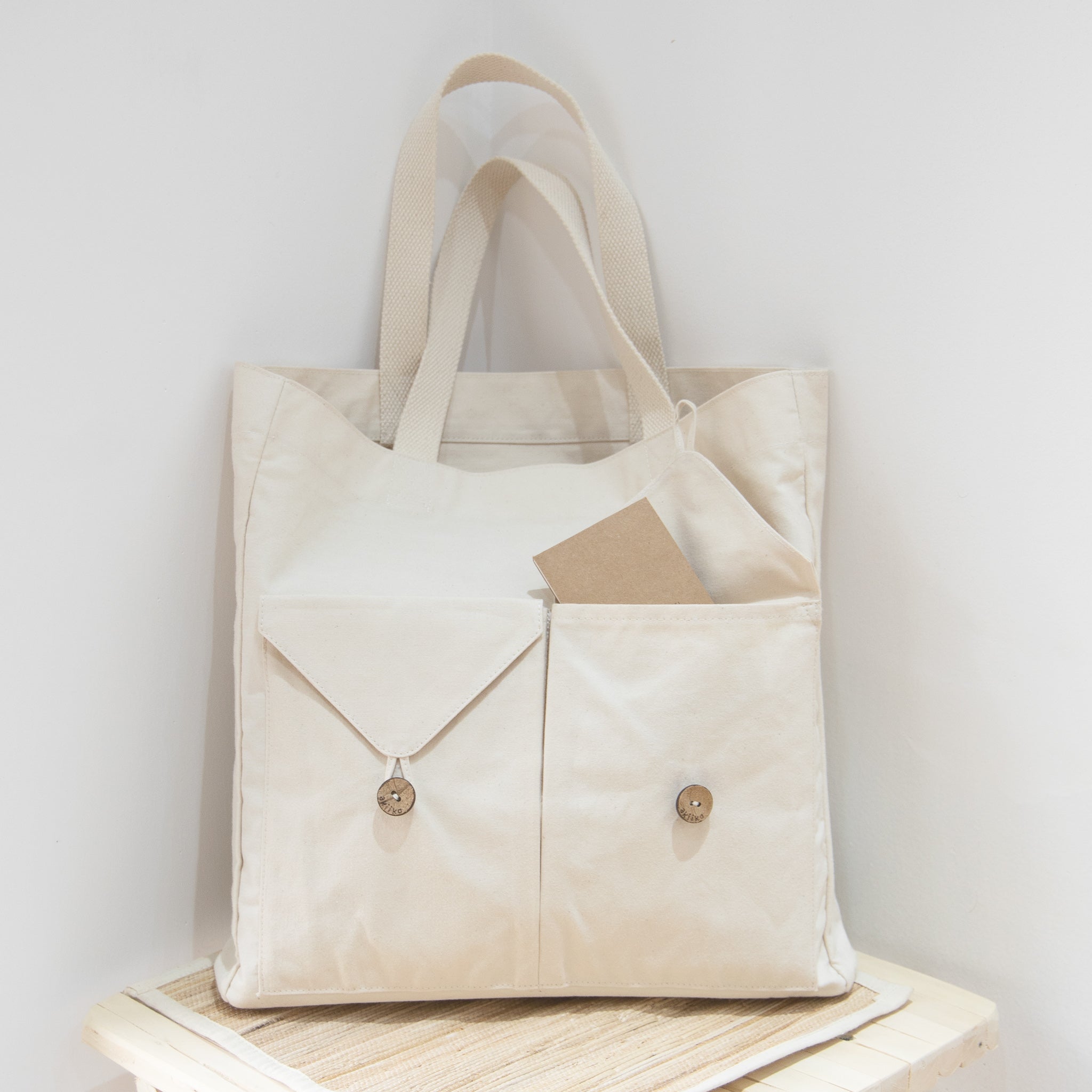 Evanki - Two-Way Pocket Detail Canvas Tote Bag | YesStyle
